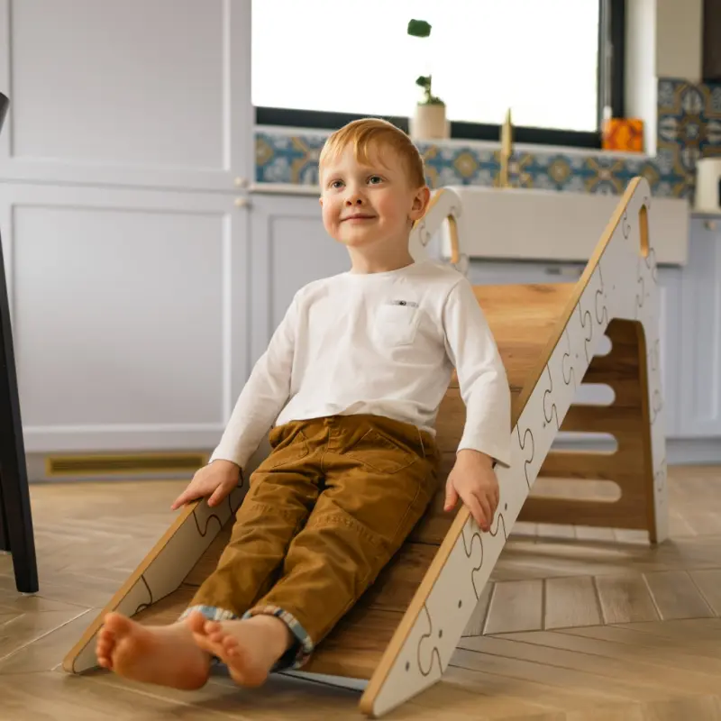 Zjeżdżalnia Montessori Puzzle dla dzieci SL-310 - biało-dębowa| Domowa zjeżdżalnia od 12 miesiąca