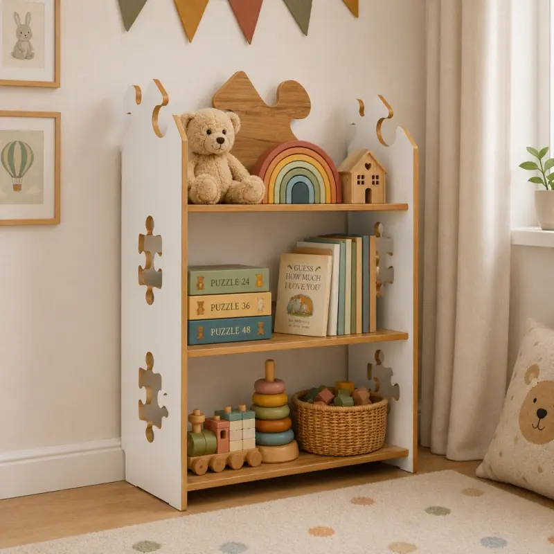 Regał dziecięcy Puzzle Montessori – biblioteczka na książki i zabawki TS-510 biało-dębowy