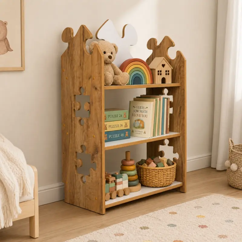 Regał dziecięcy Puzzle Montessori – biblioteczka na książki i zabawki TS-510 dębowo-biały