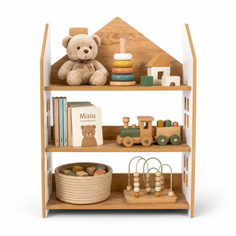 Regał dziecięcy Domek Montessori – biblioteczka na książki i zabawki TS-520 biało-dębowy
