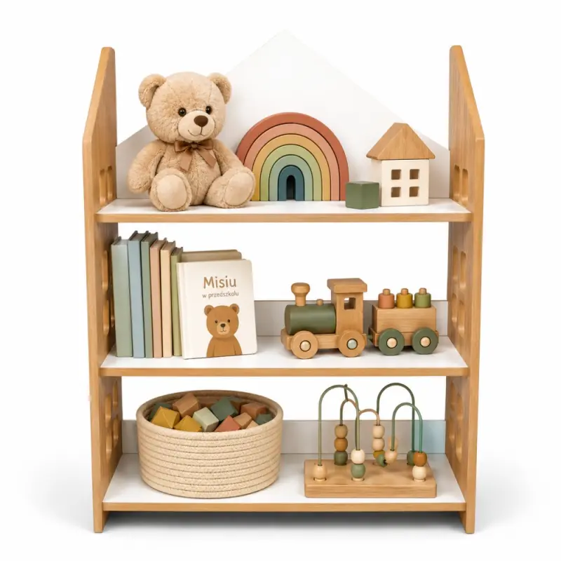 Regał dziecięcy Domek Montessori – biblioteczka na książki i zabawki TS-520 dębowo-biały