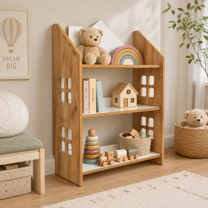 Regał dziecięcy Domek Montessori – biblioteczka na książki i zabawki TS-520 dębowo-biały