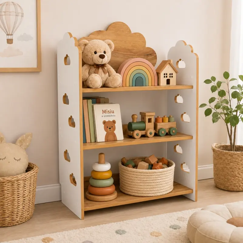 Regał dziecięcy Chmurka – biblioteczka Montessori na książki i zabawki TS-530 biało-dębowy